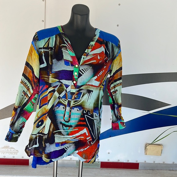 Indus colorful bright slightly sheer long sleeve Art Deco shirt tunic size M - Picture 2 of 10